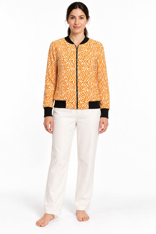 Orange White Abstract Pattern jacket, model front view