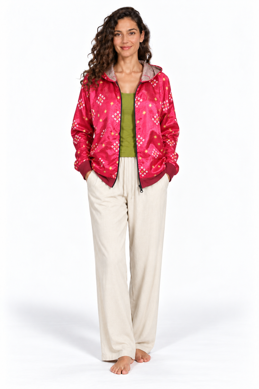 Pink Gold Bandhani Pattern jacket, model front view