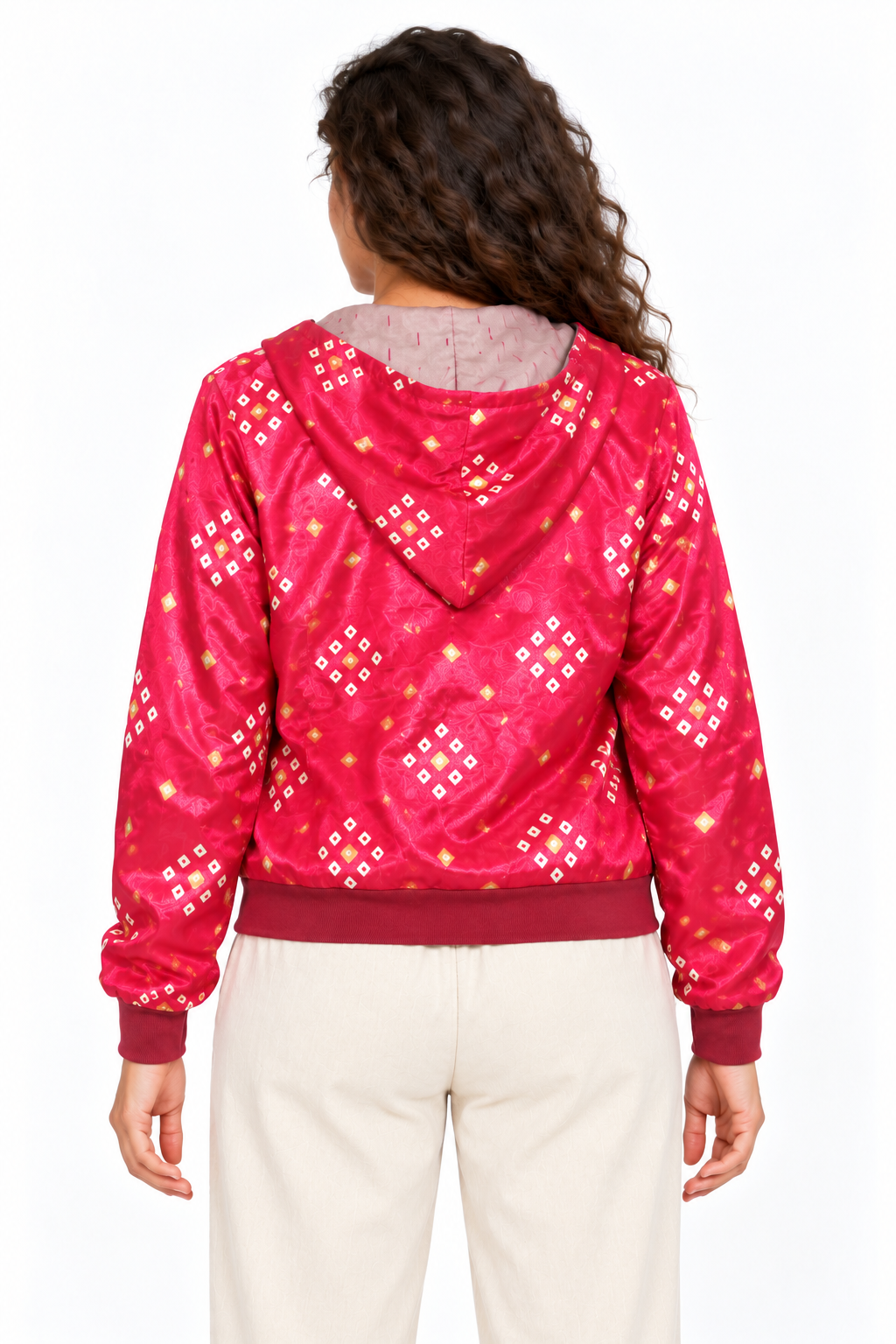 Pink Gold Bandhani Pattern jacket, back view