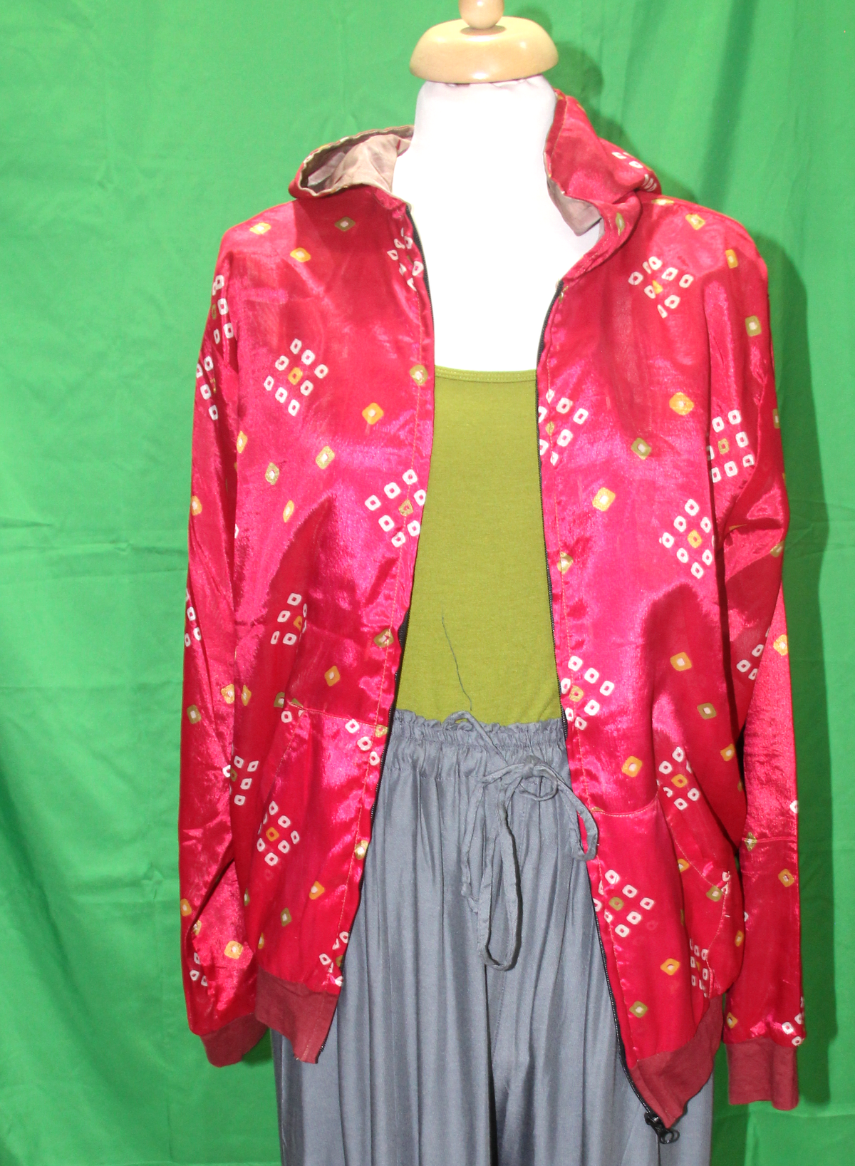Pink Gold Bandhani Pattern jacket, original front view