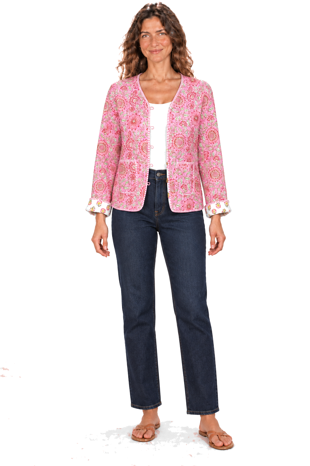 Pink floral reversible jacket — front view