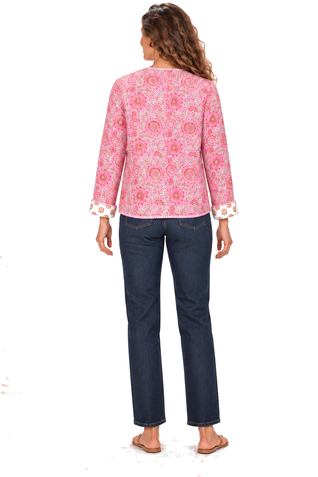 Pink floral reversible jacket — back view