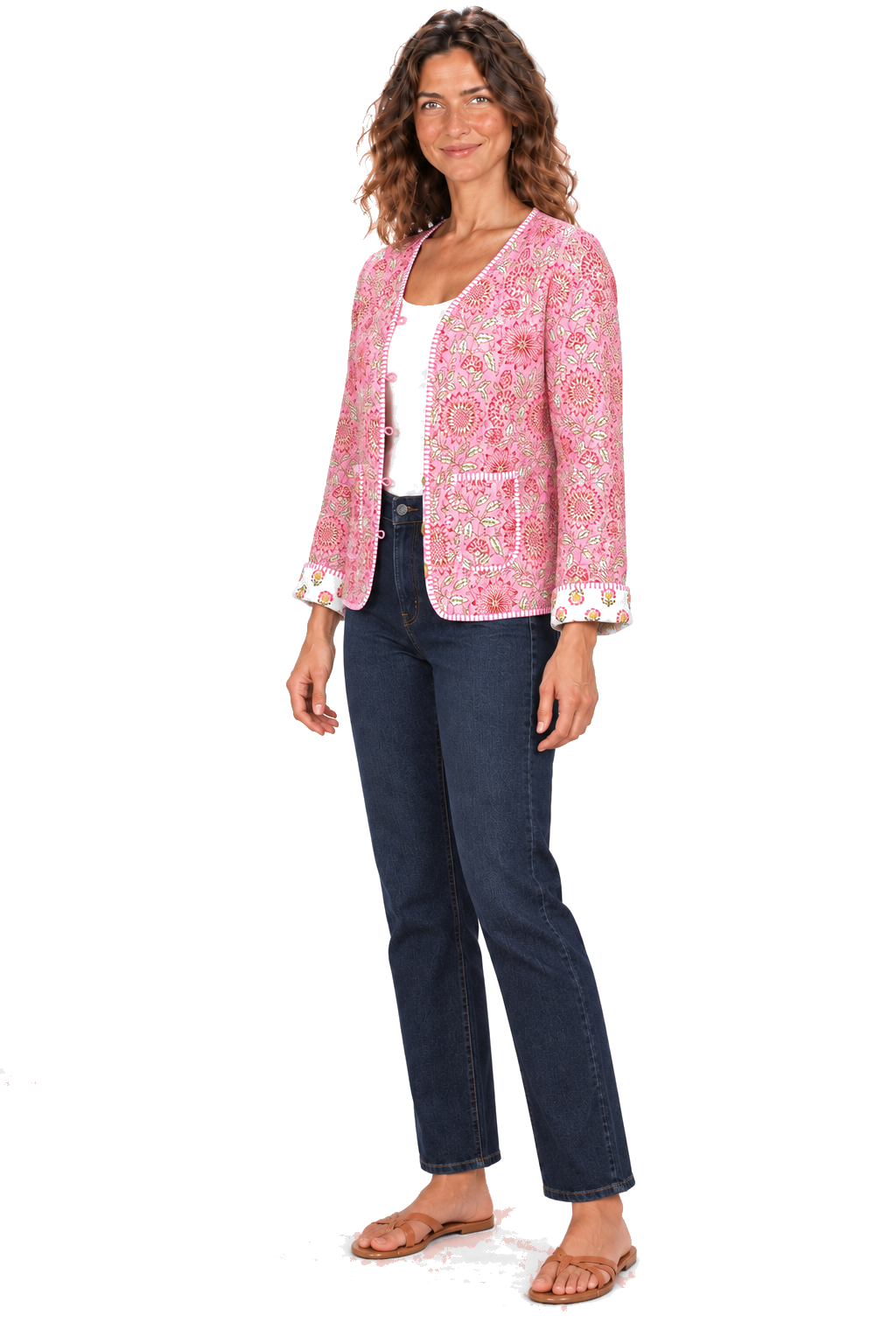 Pink floral reversible jacket — three-quarter view