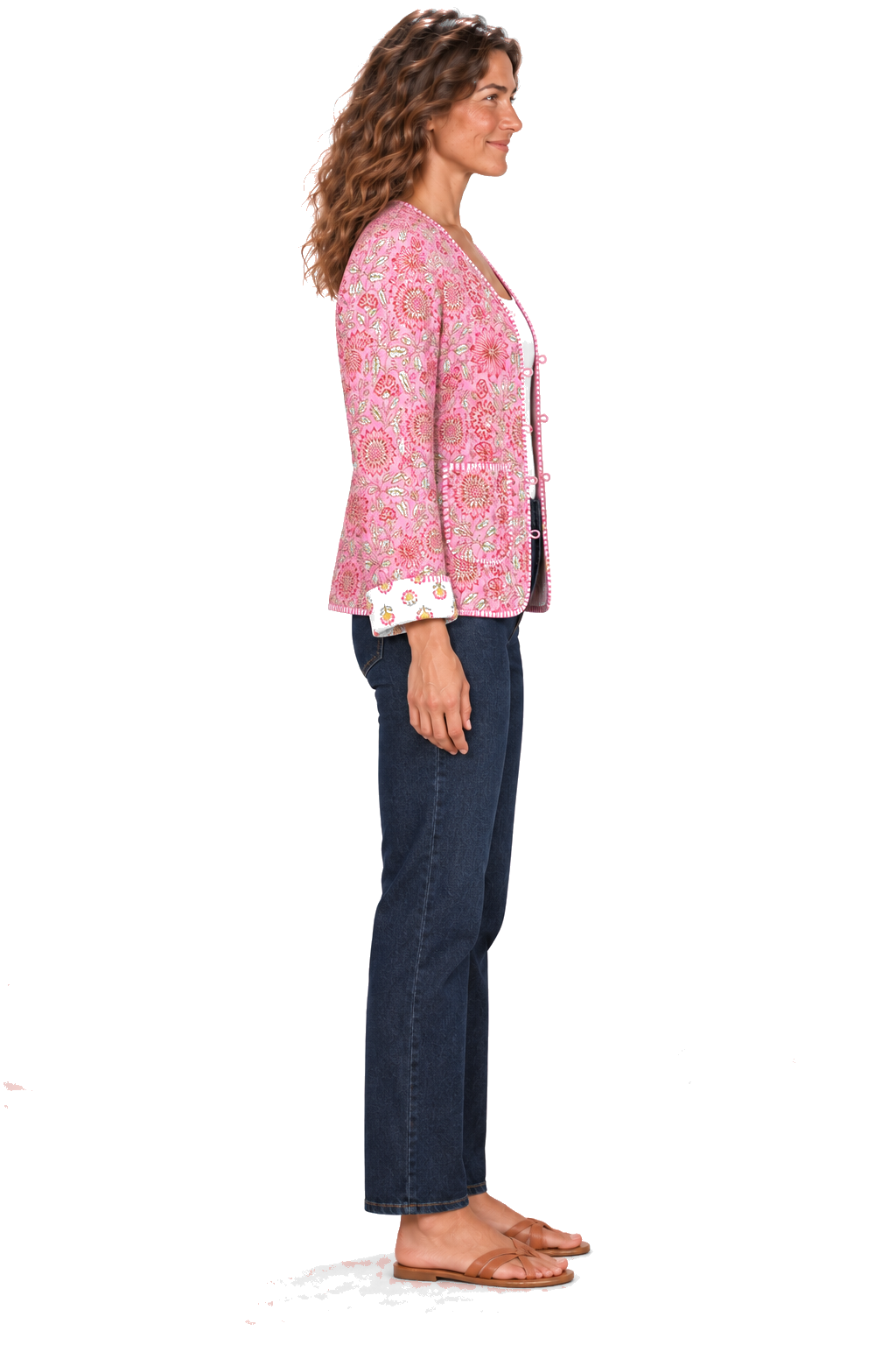 Pink floral reversible jacket — side view