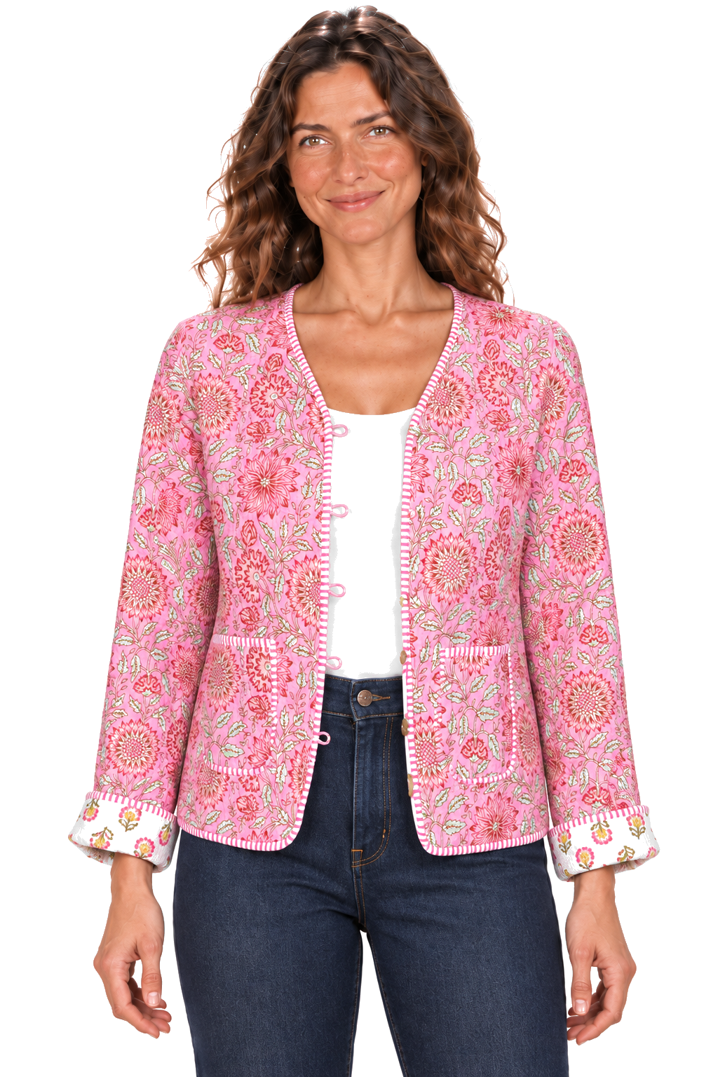 Pink floral reversible jacket — detail