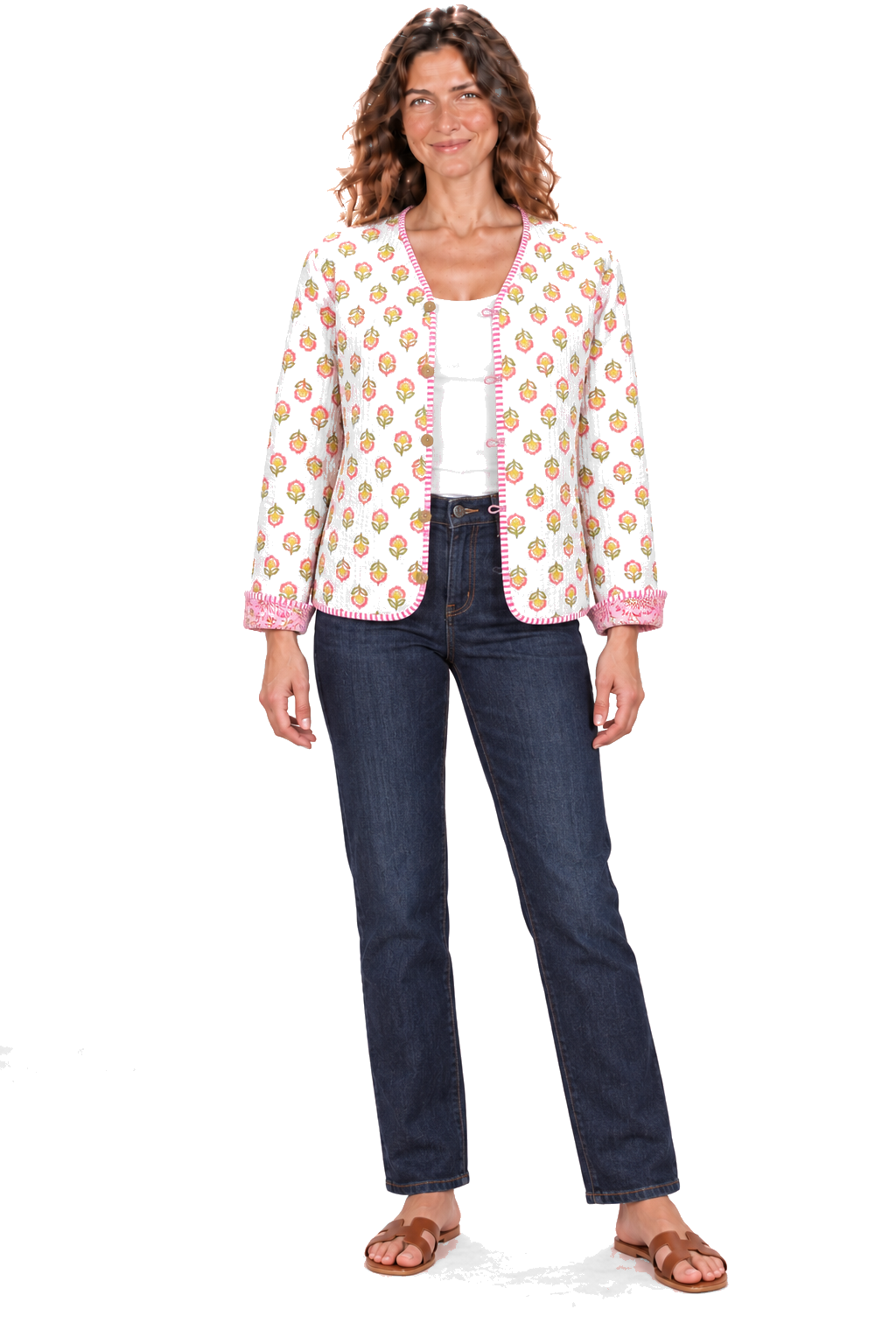 White pink flower reversible jacket — front view