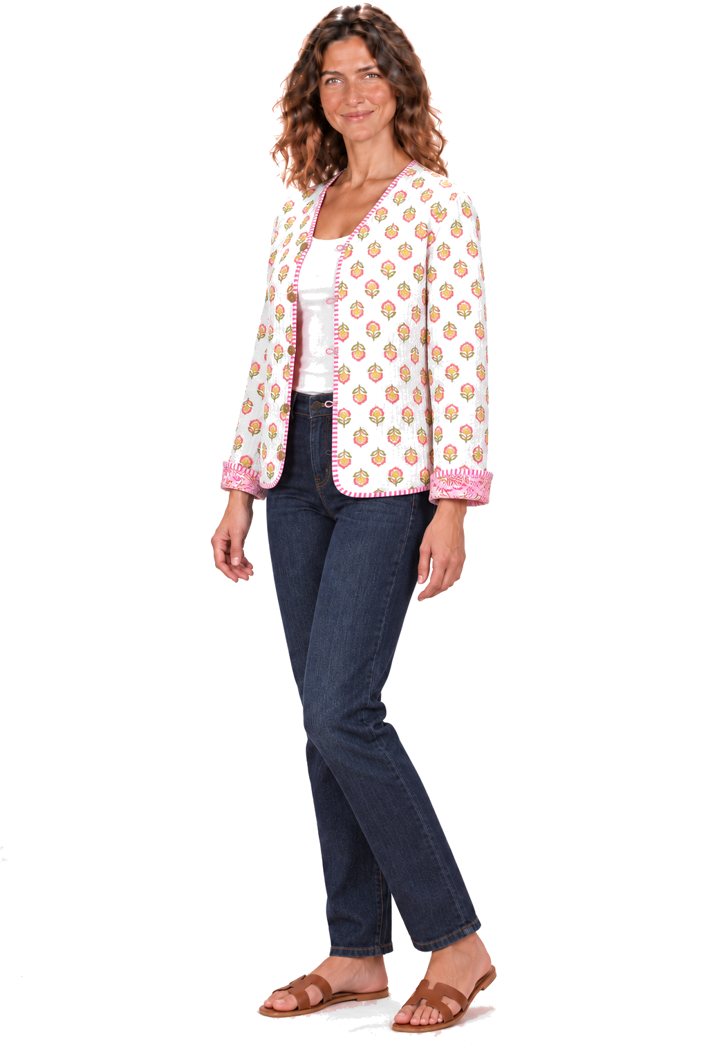 White pink flower reversible jacket — three-quarter view