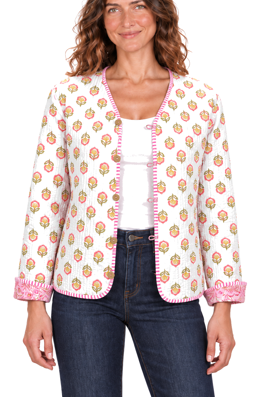 White pink flower reversible jacket — detail