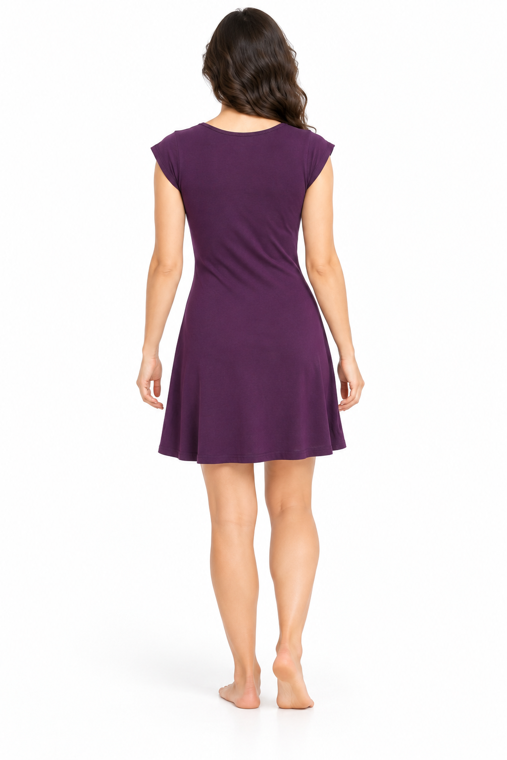 Purple Cap Sleeve Dress — straight back model view