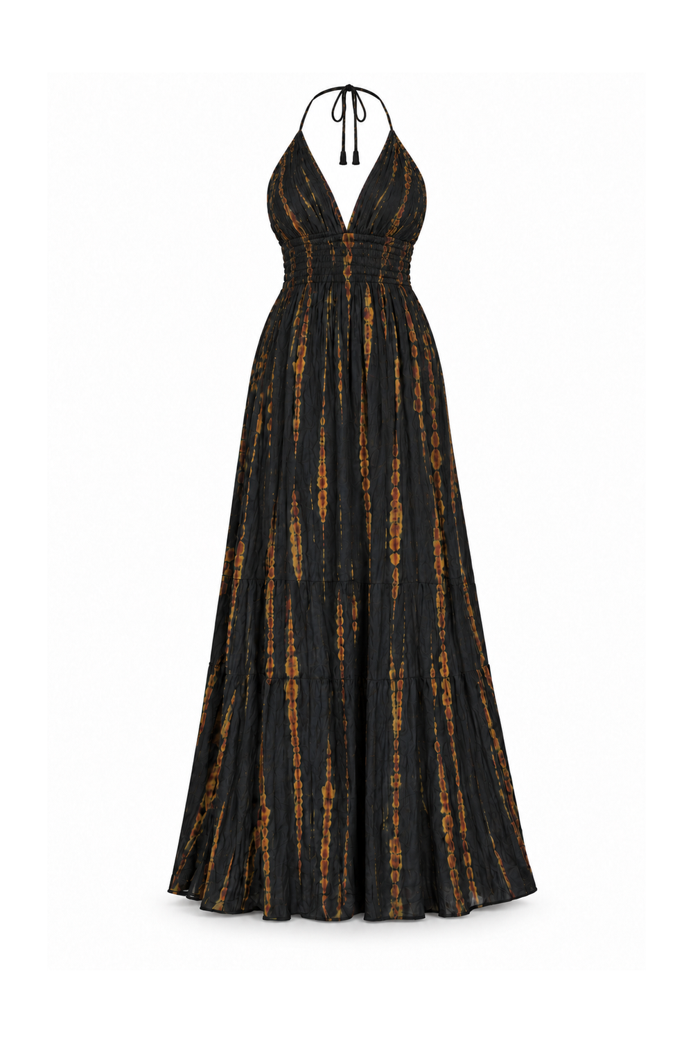 Rayon Long Halter Dress - Black and Gold-Tone Tie-Dye Pattern - ghost mannequin, normalized primary image