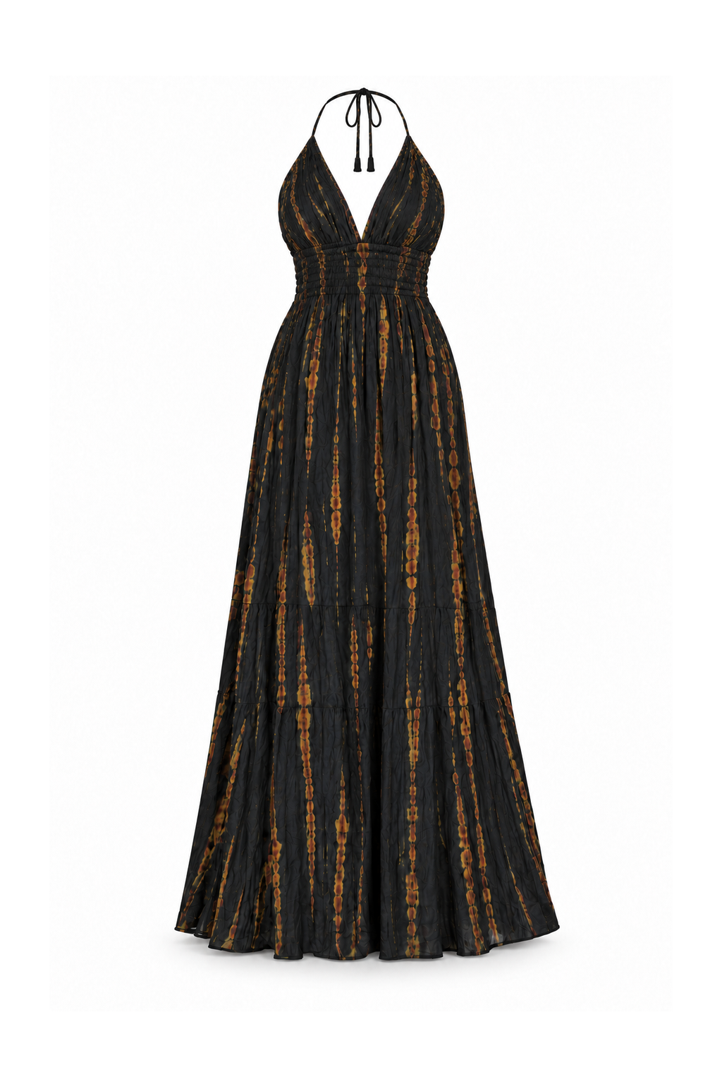 Rayon Long Halter Dress - Black and Gold-Tone Tie-Dye Pattern - ghost mannequin, normalized primary image