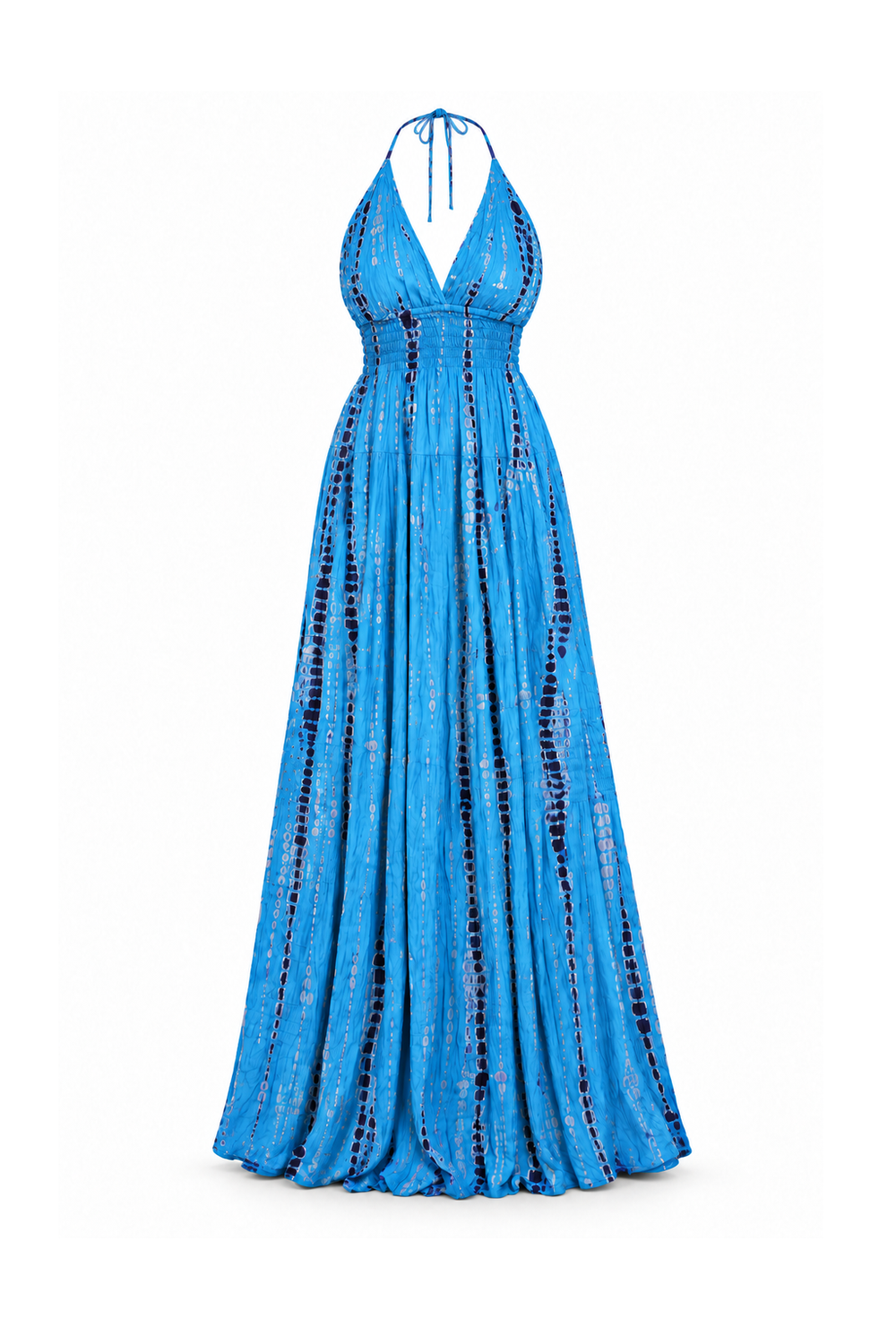 Rayon Long Halter Dress - Blue Tie-Dye Pattern - ghost mannequin, normalized primary image