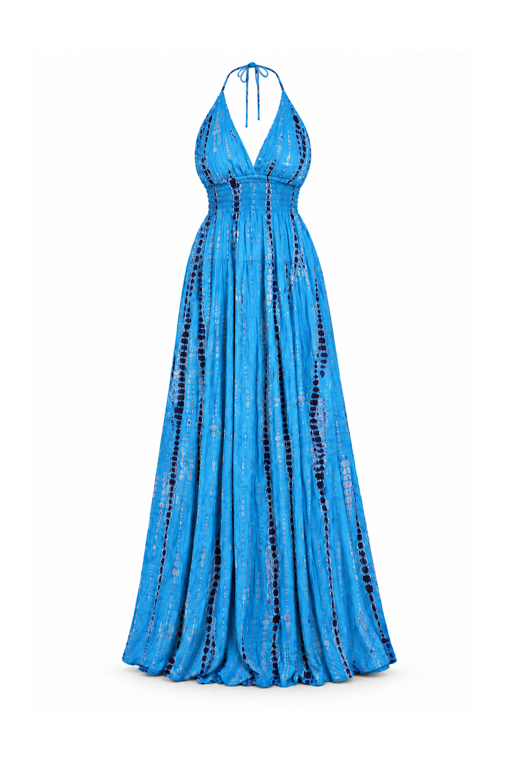 Rayon Long Halter Dress - Blue Tie-Dye Pattern - ghost mannequin, normalized primary image