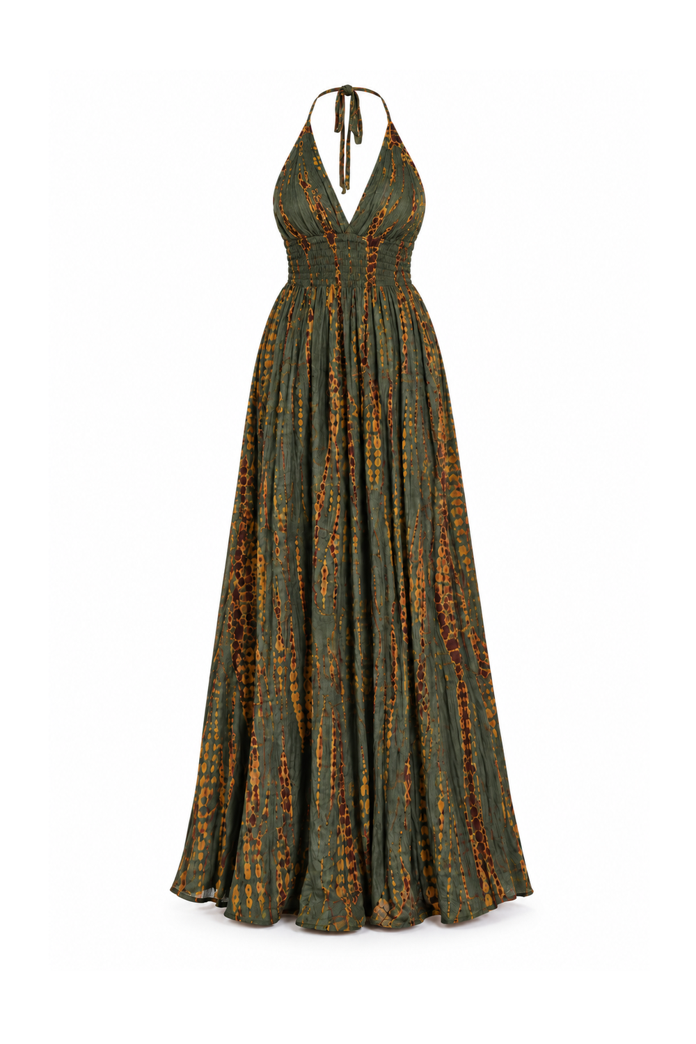 Rayon Long Halter Dress - Olive and Gold-Tone Pattern - ghost mannequin, normalized primary image
