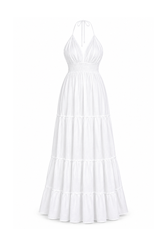 Rayon Long Halter Dress - White - ghost mannequin, normalized primary image