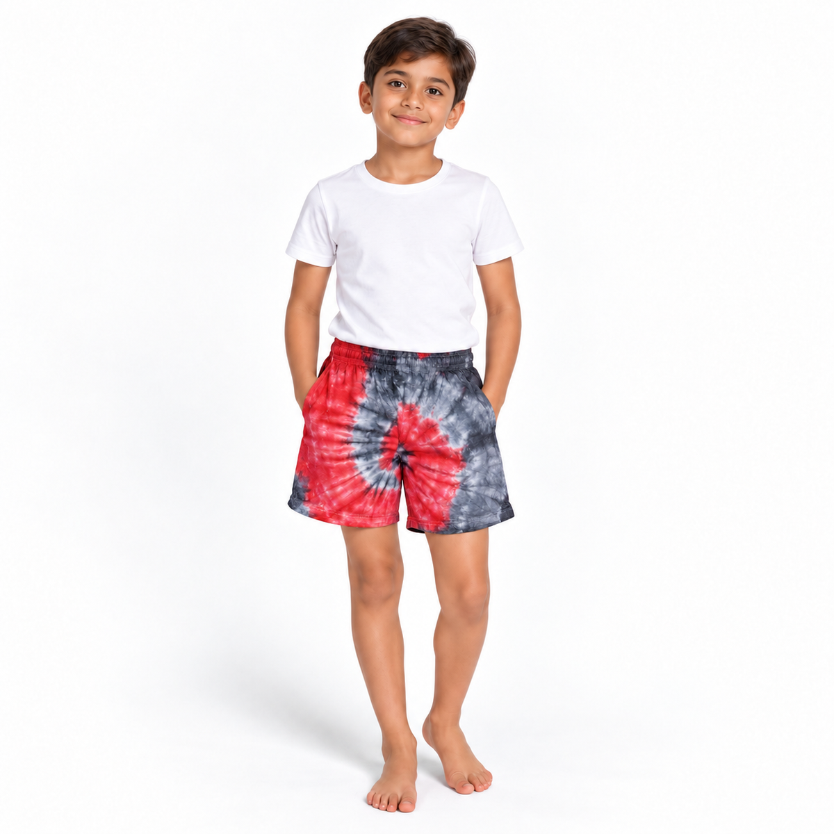 Red Black Cotton Tie-Dye Shorts