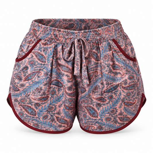 Pink Blue Paisley Shorts with Burgundy Trim – front ghost mannequin