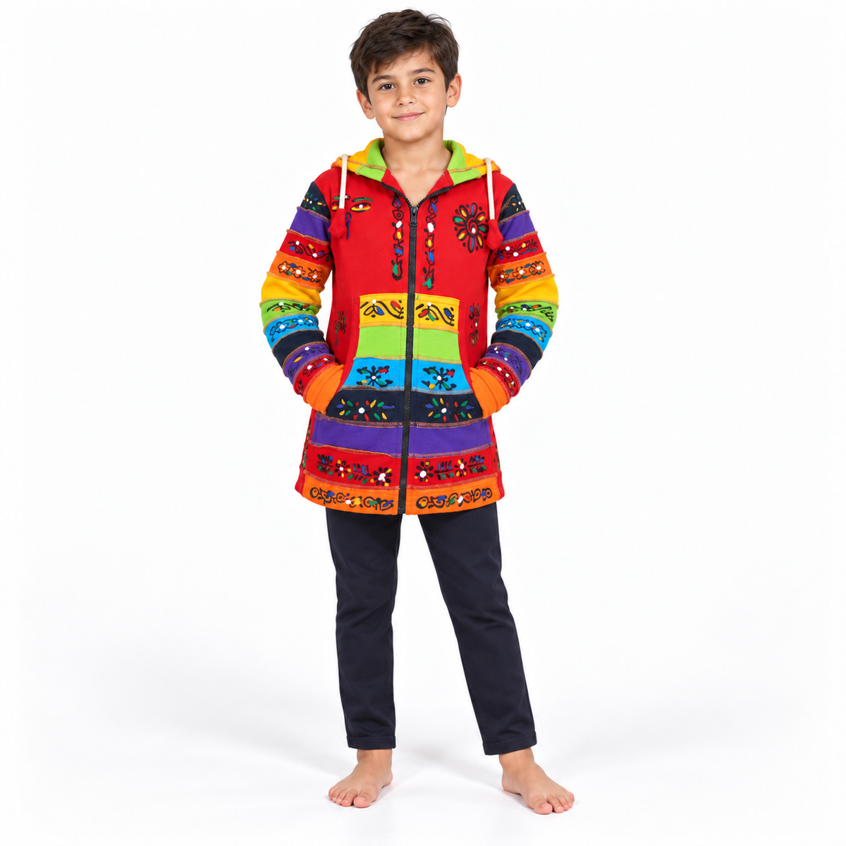 Red Patchwork Hoodie - boys model front view