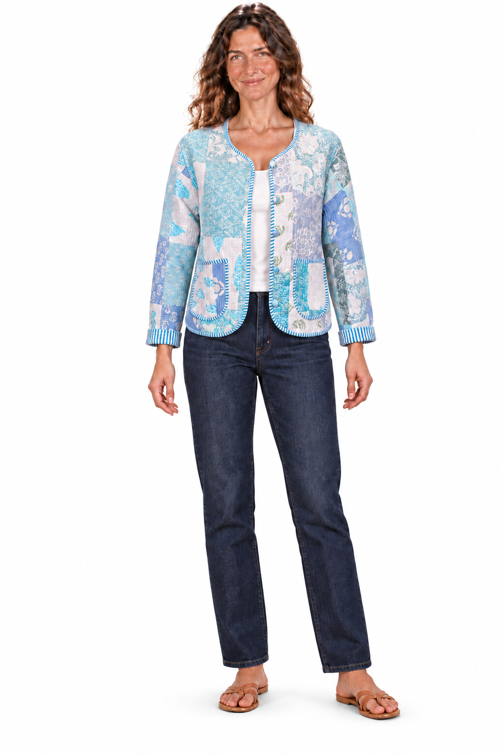 Reversible Cotton Jacket - Blue Patchwork Pattern and Light Blue Stripes — featured product image on pure white background