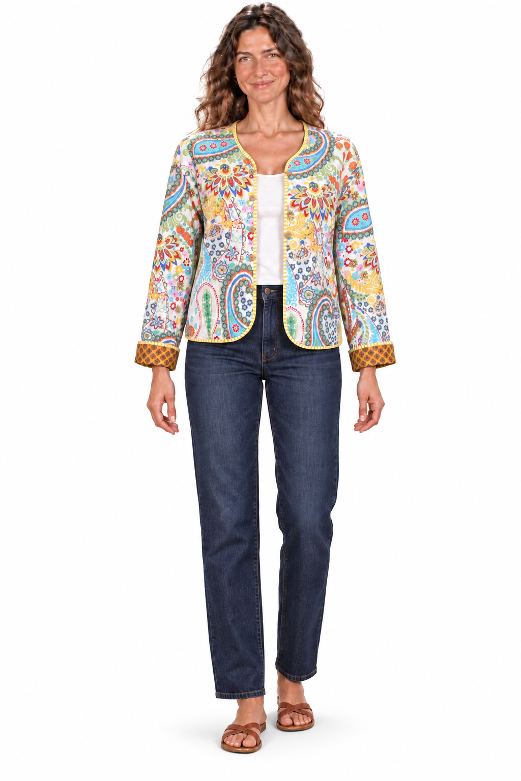 Reversible Cotton Jacket - Cream Paisley and Mustard Diamond Print — featured product image on pure white background