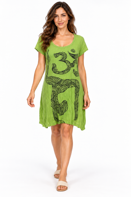 Short Sleeve Tunic Dress - Lime Green Om Elephant Print – catalogue view 1