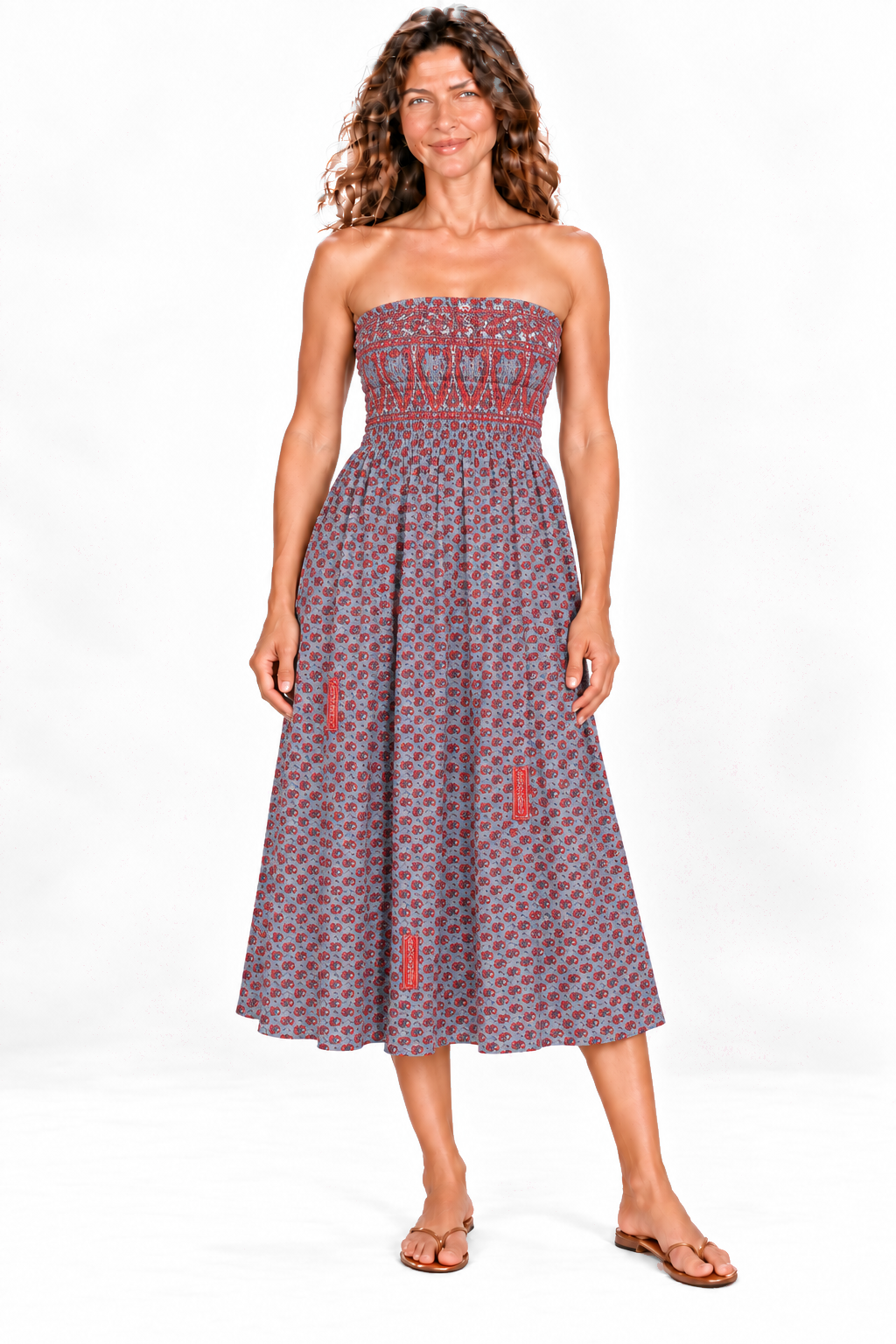 Silk Strapless Dress and Skirt - Grey and Red Pattern — Dress front view