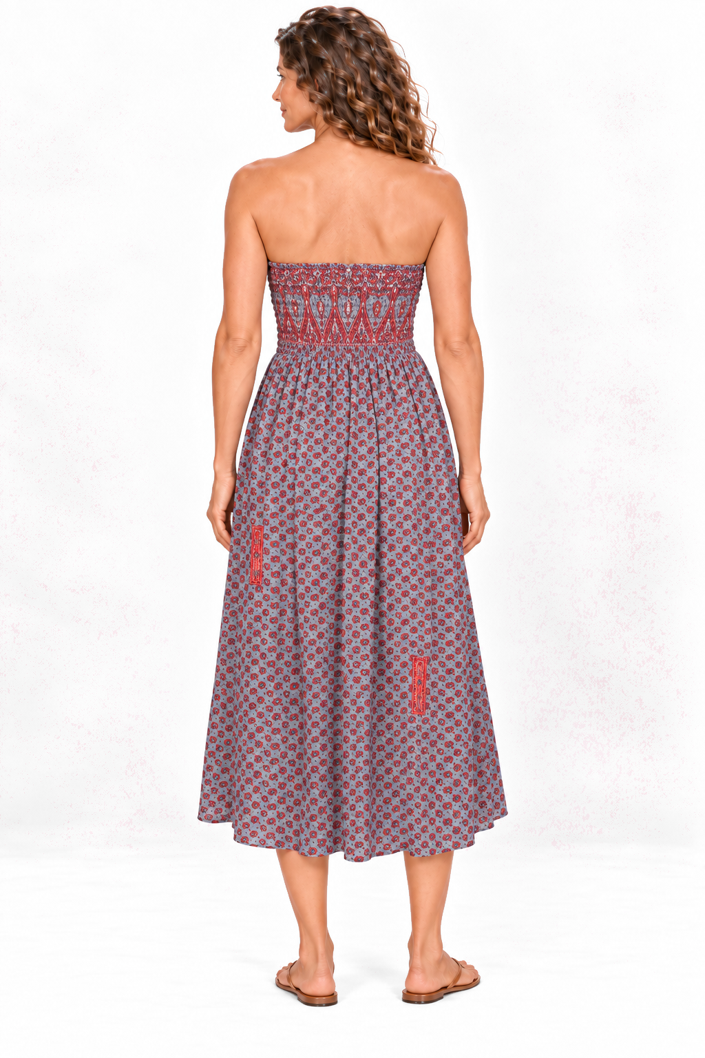 Silk Strapless Dress and Skirt - Grey and Red Pattern — Dress back view