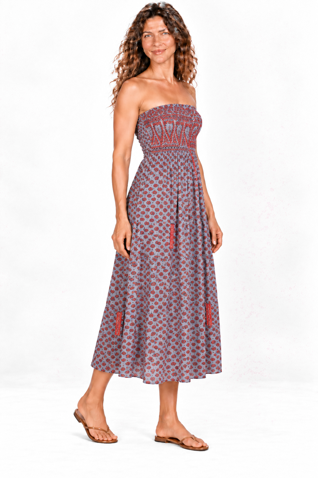 Silk Strapless Dress and Skirt - Grey and Red Pattern — Dress quarter-side view