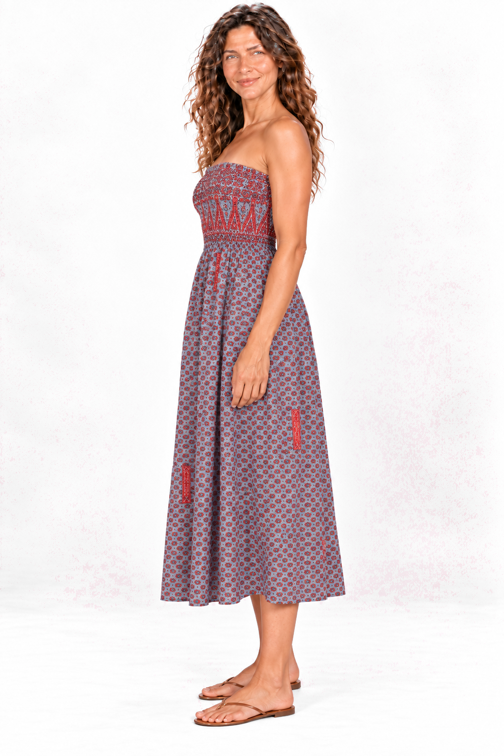 Silk Strapless Dress and Skirt - Grey and Red Pattern — Dress side view