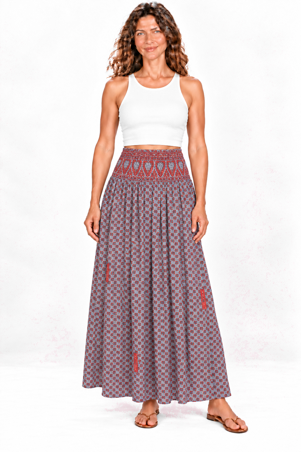 Silk Strapless Dress and Skirt - Grey and Red Pattern — Skirt front view