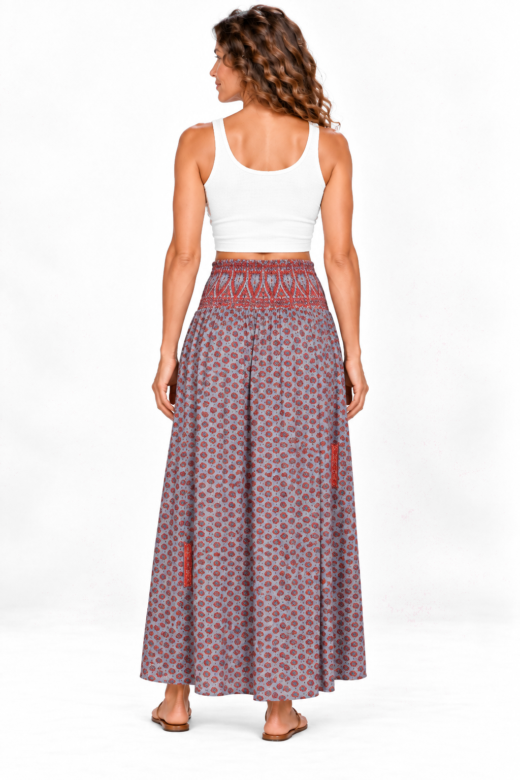 Silk Strapless Dress and Skirt - Grey and Red Pattern — Skirt back view