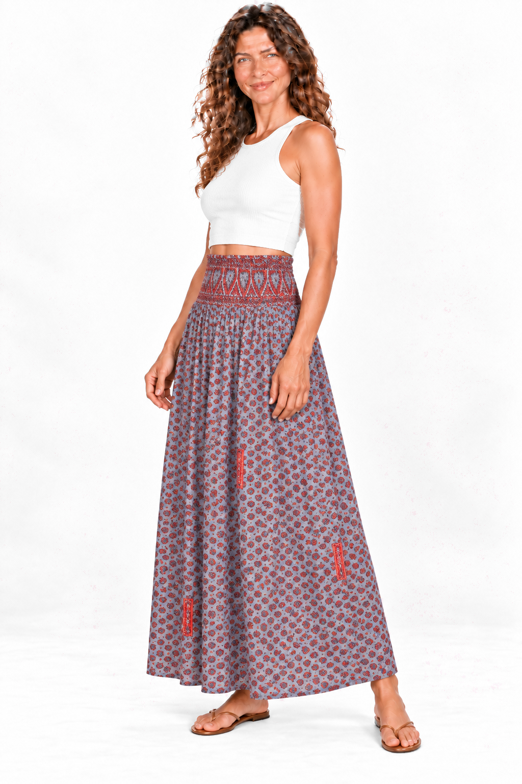 Silk Strapless Dress and Skirt - Grey and Red Pattern — Skirt quarter-side view