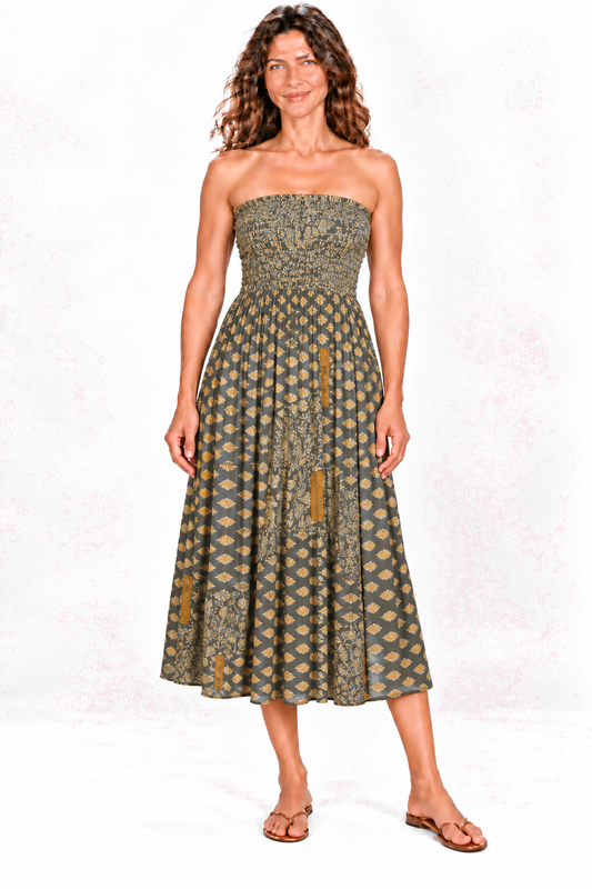 Silk Strapless Dress and Skirt - Olive and Cream Pattern — Dress front view