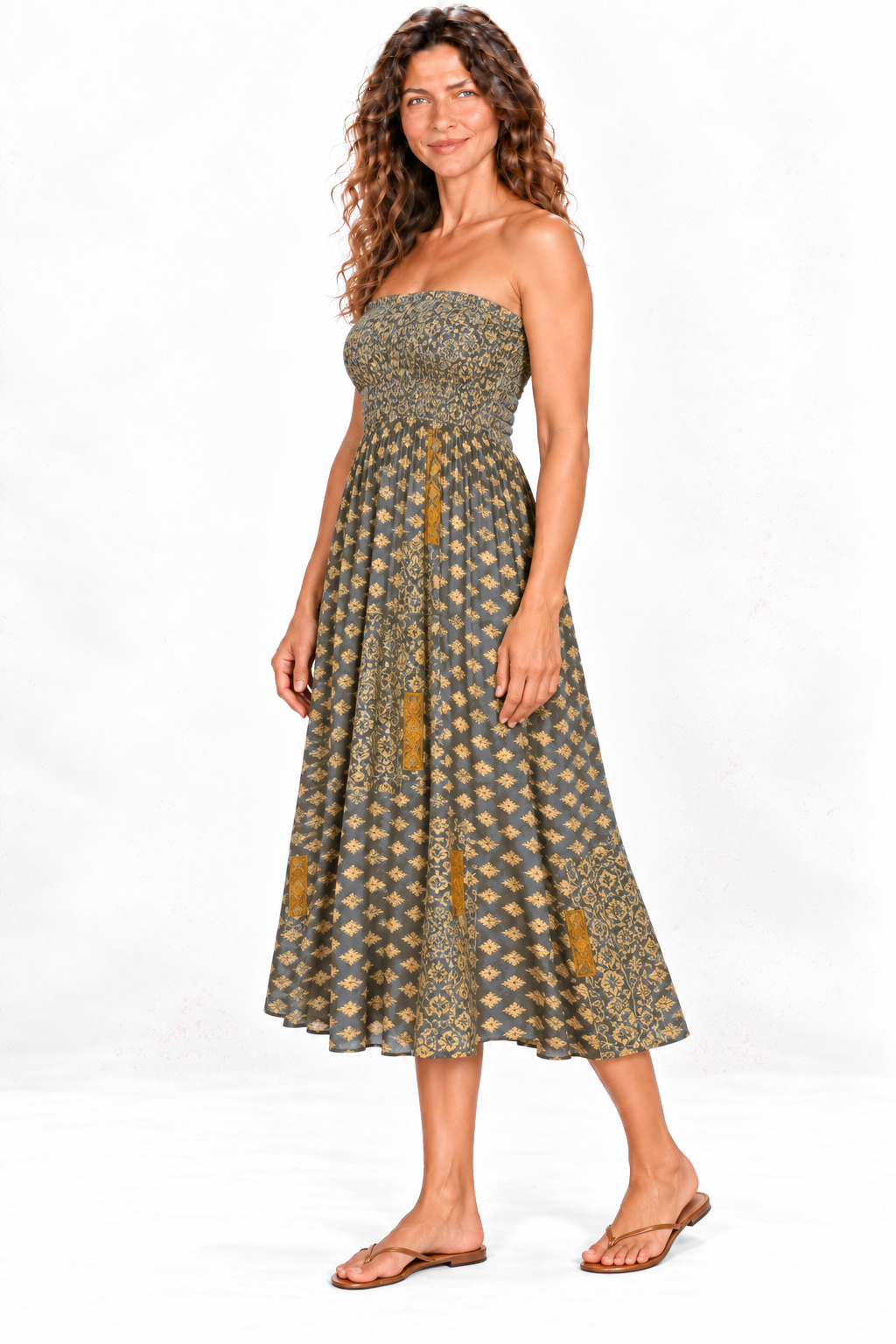 Silk Strapless Dress and Skirt - Olive and Cream Pattern — Dress quarter-side view