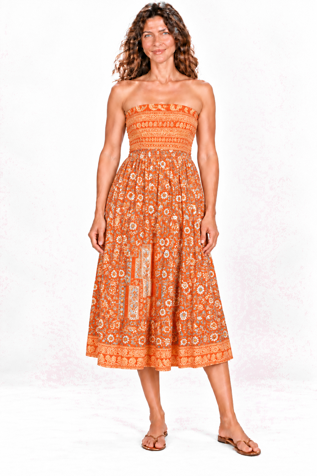 Silk Strapless Dress and Skirt - Orange Floral — Dress front view
