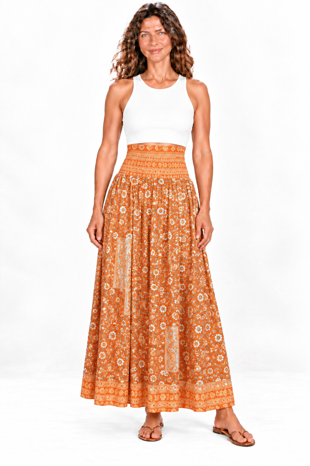 Silk Strapless Dress and Skirt - Orange Floral — Skirt front view