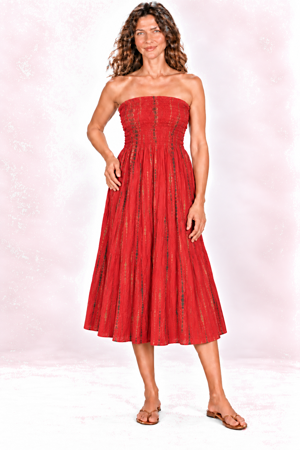 Silk Strapless Dress and Skirt - Red and Gold-Tone Stripes — Dress front view