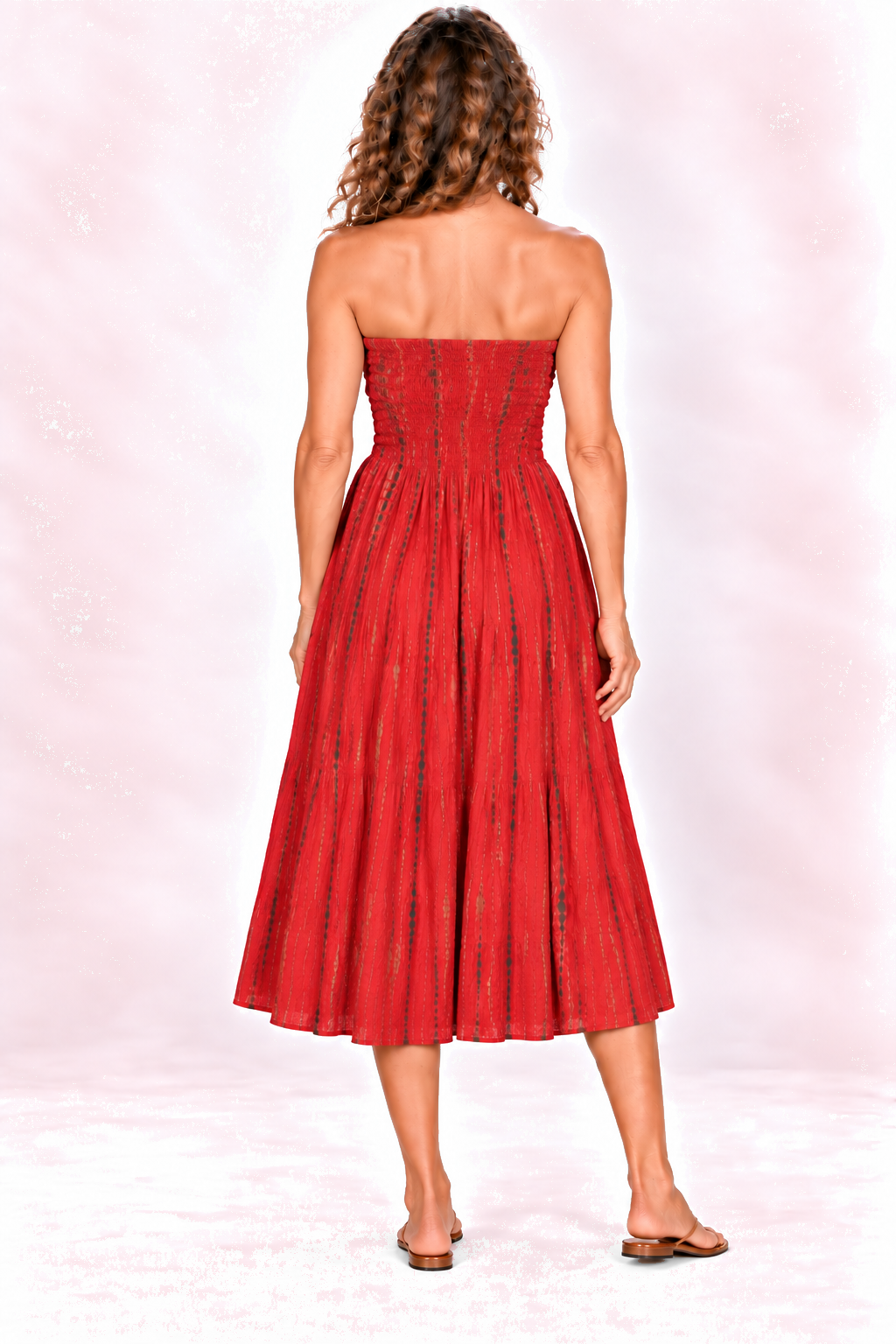 Silk Strapless Dress and Skirt - Red and Gold-Tone Stripes — Dress back view