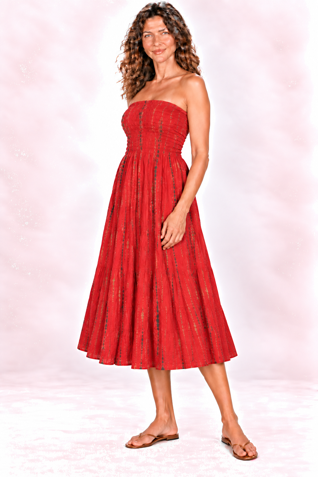 Silk Strapless Dress and Skirt - Red and Gold-Tone Stripes — Dress quarter-side view