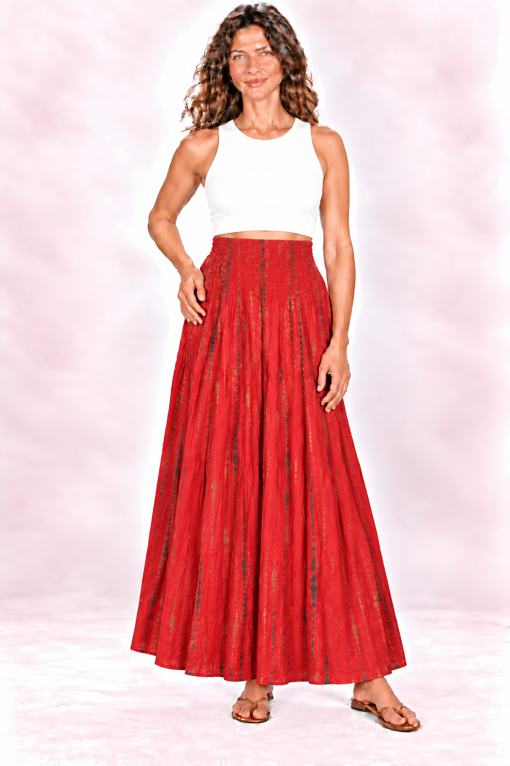 Silk Strapless Dress and Skirt - Red and Gold-Tone Stripes — Skirt front view