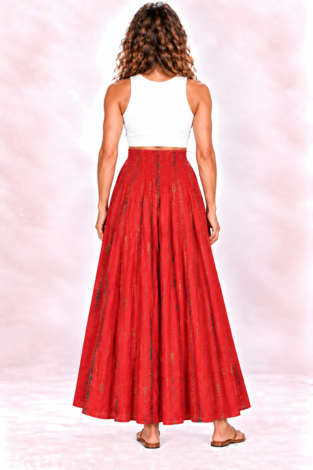 Silk Strapless Dress and Skirt - Red and Gold-Tone Stripes — Skirt back view