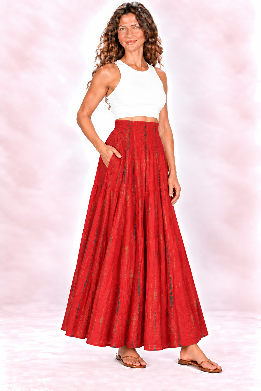 Silk Strapless Dress and Skirt - Red and Gold-Tone Stripes — Skirt quarter-side view