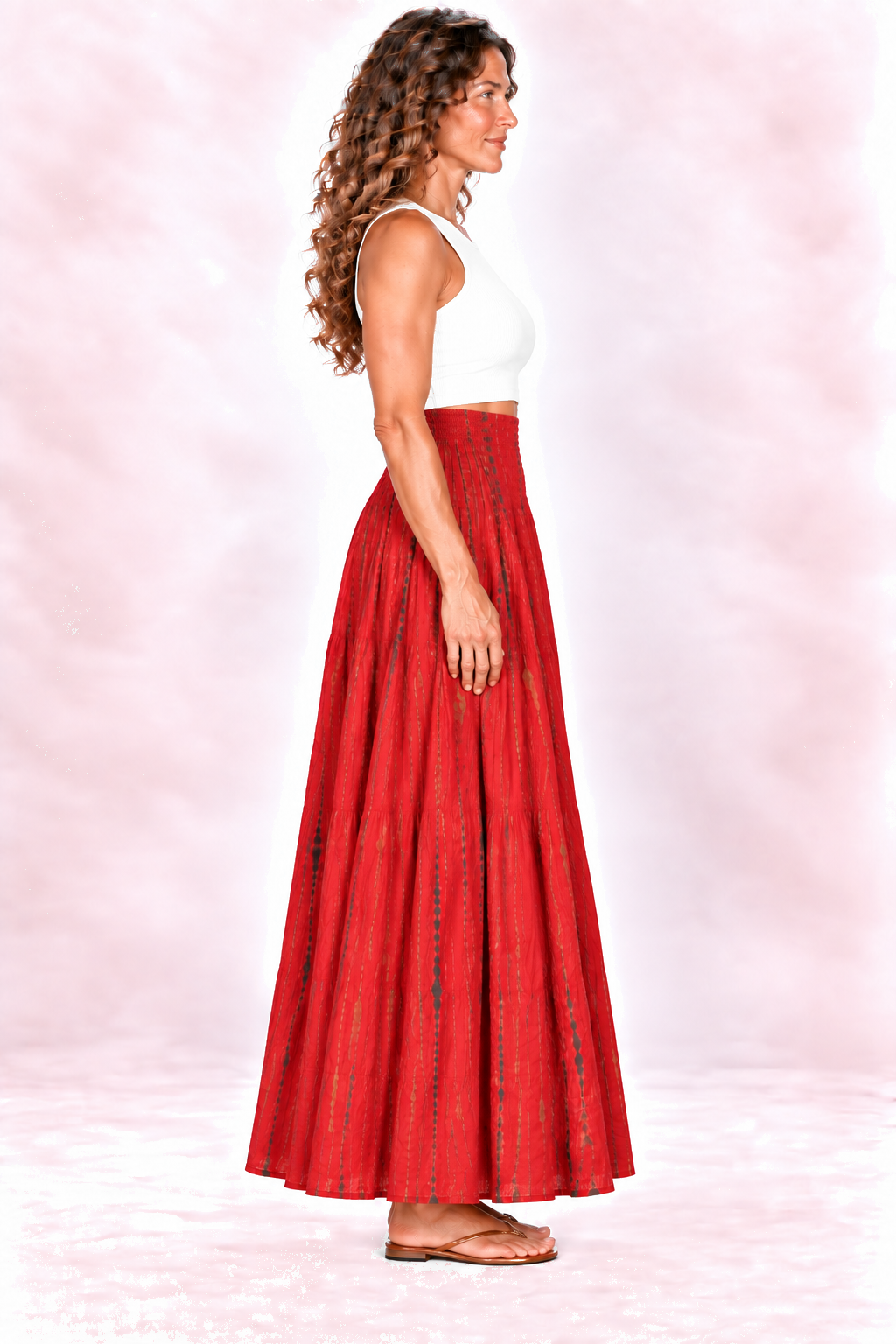 Silk Strapless Dress and Skirt - Red and Gold-Tone Stripes — Skirt side view