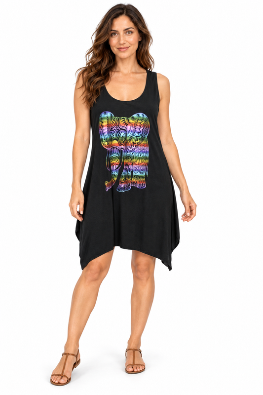 Sleeveless Tunic Dress - Black Rainbow Buddha Print – catalogue view 1