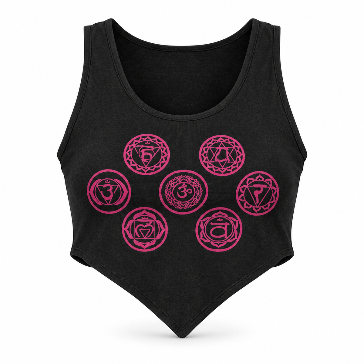 Star Chakras Cotton Top-Bra with Symbolic Back Design, Black, ghost mannequin on white background |variant:black|view:ghost|