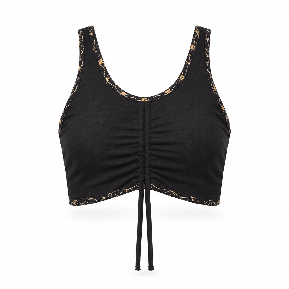 Crossways Cotton Top-Bra with Distinctive Back Detail, Black, ghost mannequin on white background |variant:black|view:ghost|