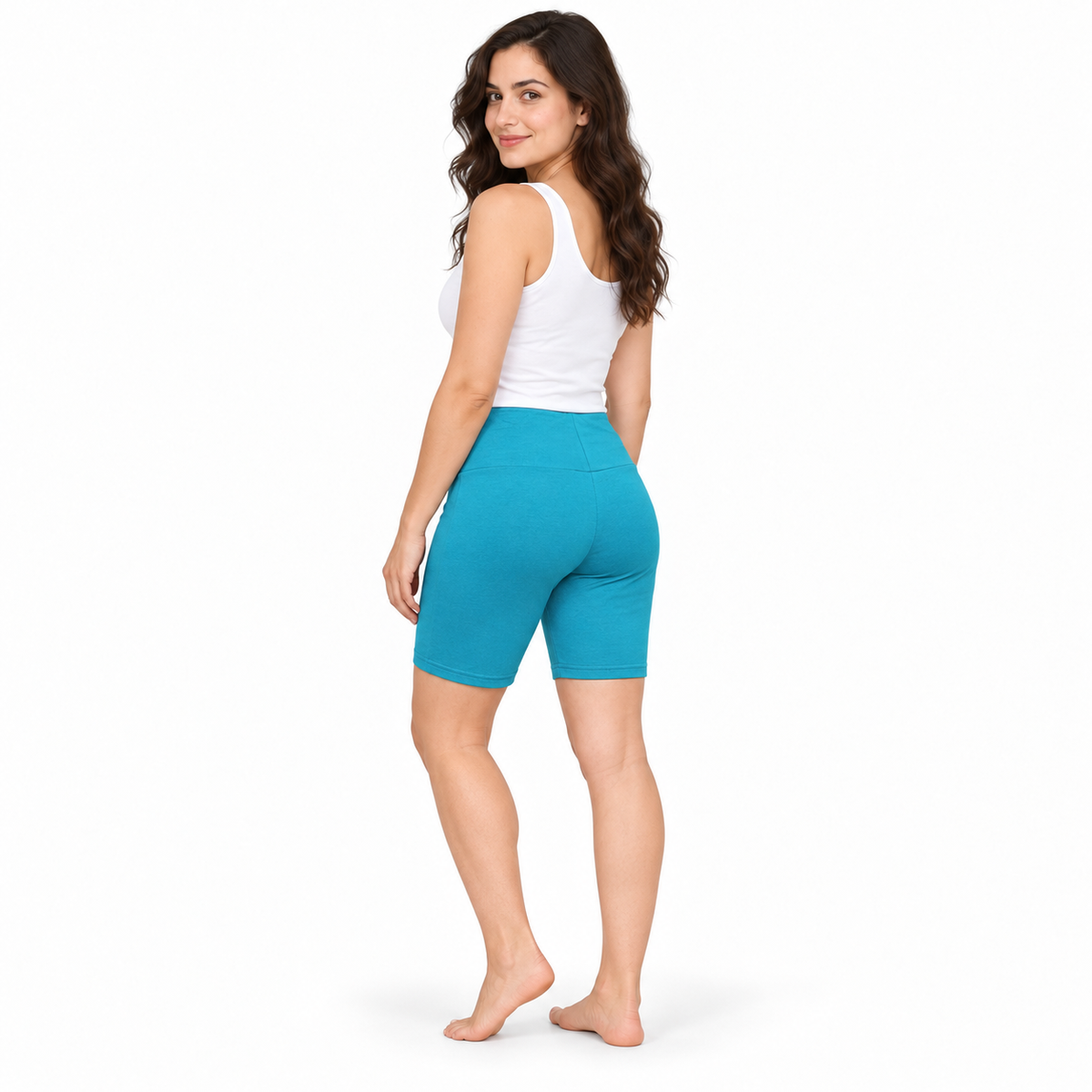 Turquoise Blue Fold-Waist Shorts – three-quarter rear model view