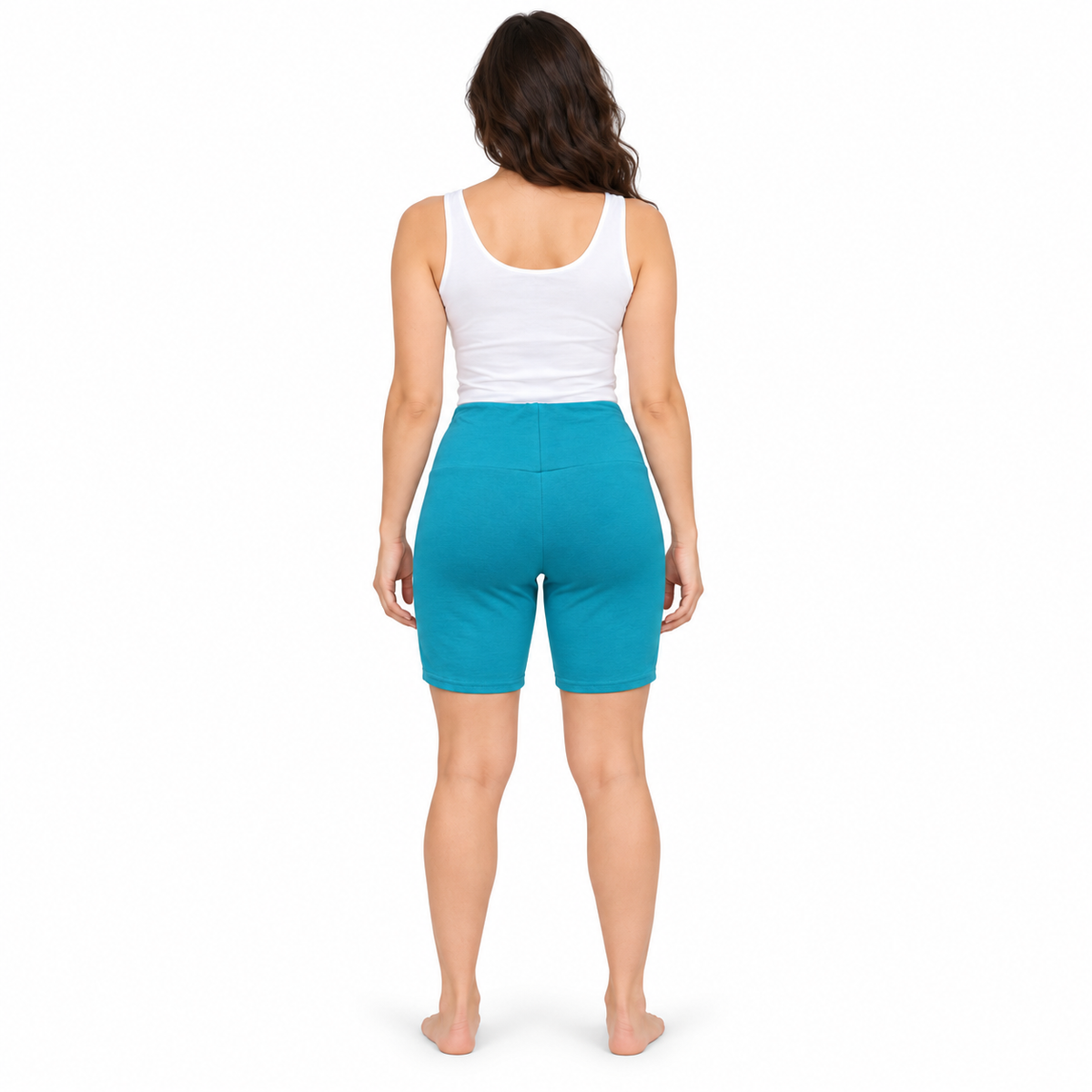 Turquoise Blue Fold-Waist Shorts – back model view