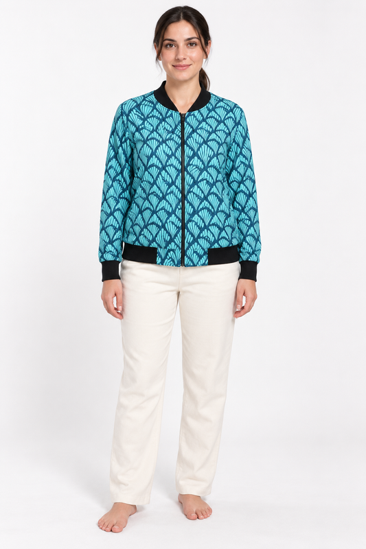 Turquoise Leaf Pattern jacket, model front view