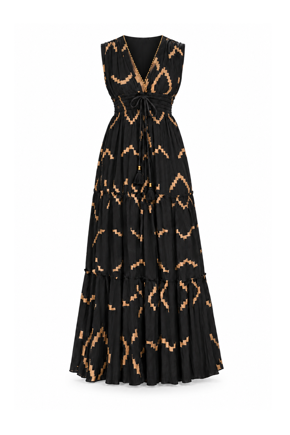 Viscose V-Neck Long Dress - Black with Gold-Tone Geometric Pattern - ghost mannequin, normalized primary image